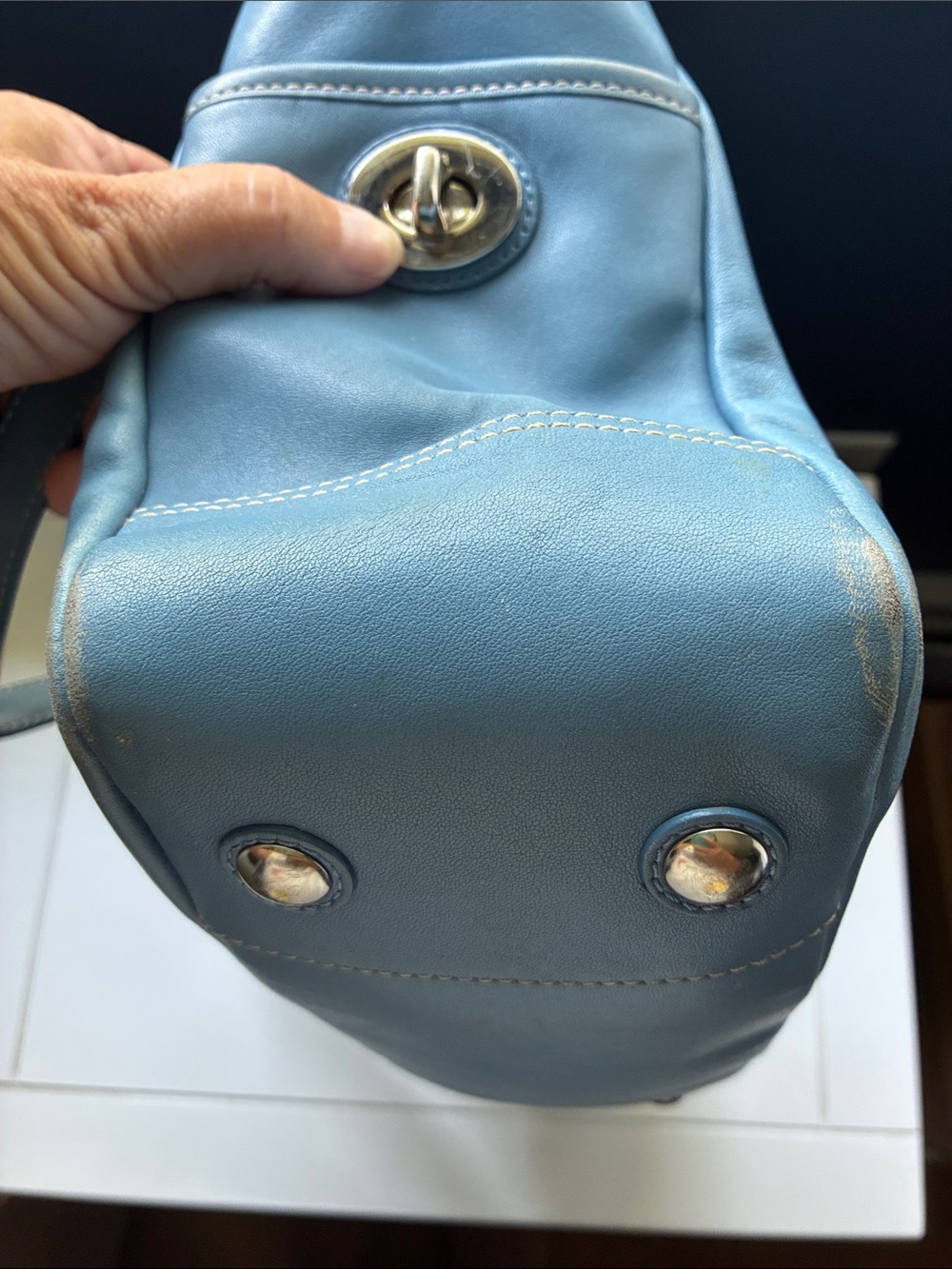 Coach Blue Leather Tote with Silver Coach Charm - Picture 8 of 8